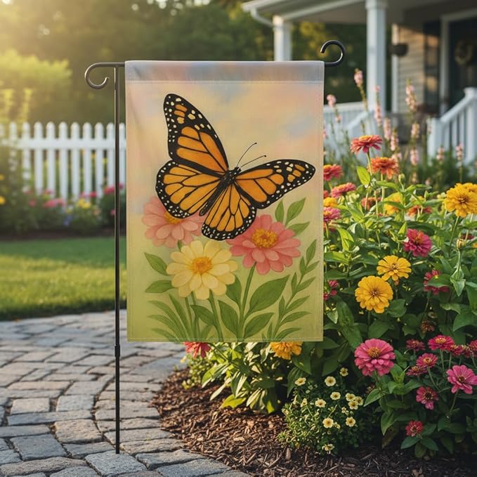 FLAGMEUP8386 Welcome Monarch Butterfly Garden Flag 12x18 Inch Double-Sided Polyester Yard Banner with Flowers, Outdoor Spring Summer Decoration for Porch, Patio, Lawn, Gardeners, Nature Lovers
