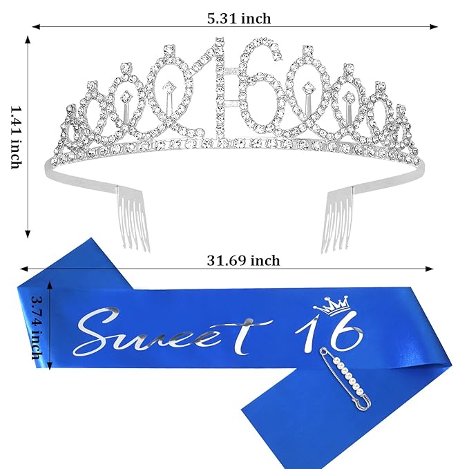 Casoty Silver Sweet 16 Birthday Sash and Crown for Girls 16th Birthday Decorations Party Supplies for Girls Sweet 16 Sash and Crown Set, Gifts for Her
