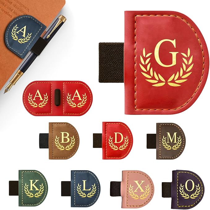 Personalized Leather Magnetic Bookmark with Pen Holder, Custom Bygone Mark Bookmark with Pen Holder, Custom Bookmarks with 26 Letters for Reading Women, Men, Teachers, Book Lovers（Red，G）