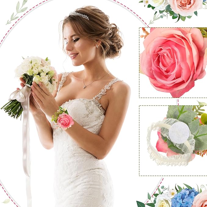 Sherr Wedding Rose Wrist Corsage Wristlet Band for Bridal Bridesmaid Women Flowers Bracelets Decor Wedding Artificial Flowers for Party Prom Homecoming(Peach Pink,24 Pcs)
