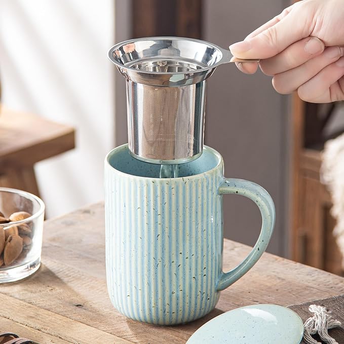 Yundu 15.5oz/470ml Flambe Blue Ceramics Teacups with Infuser and Lid, Loose Leaf Tea Cup