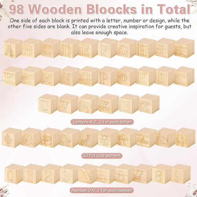 Marsui 136 Pcs Baby Shower Blocks to Decorate Game Kit Includes 98 Wooden Blocks, 36 Markers, 1 Game Sign, 1 Storage Box for Baby Shower Gender Reveal Activity Party Decorations(Floral)