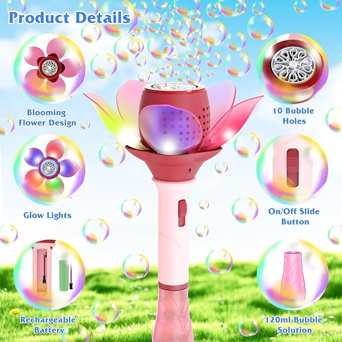 Panamalar Electric Bubble Wand for Kids, Light Up Automatic Bubble Machine Blower with Lights/10000+ Bubbles/120ml Solution, Rechargeable Flower Bubble Wand Maker Toys for Outdoor Party Wedding