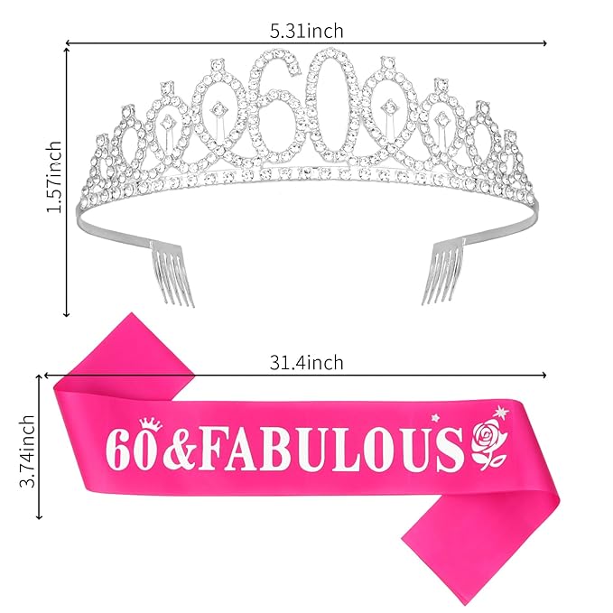 Casoty Silver 60th Birthday Sash and Tiara, 60th Birthday Decorations for Women, 60 & FABULOUS Sash and Crown Set, Party Supplies Favors for Women, Gifts for Her