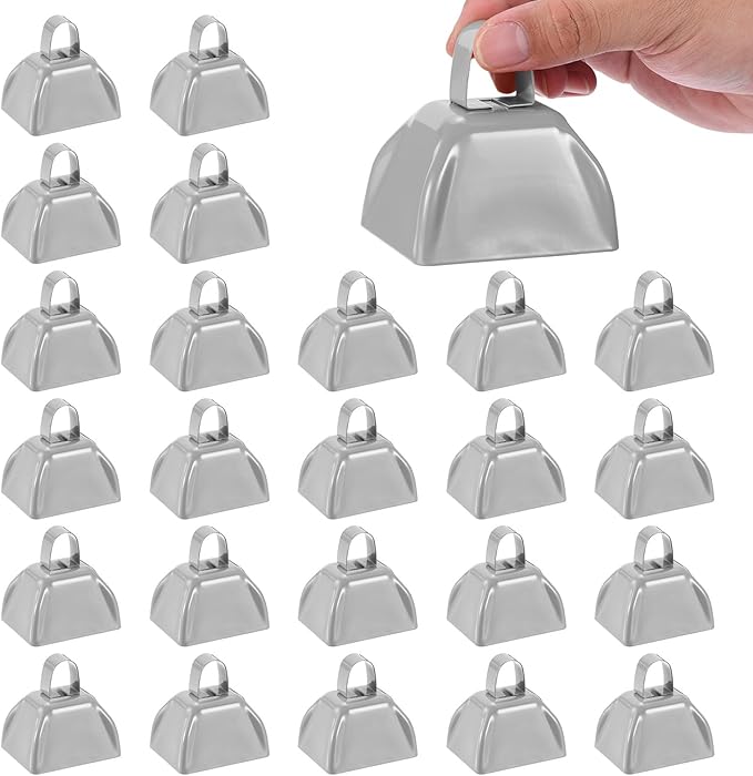 PATIKIL 24pcs Cow Bells for Football Games, 3inch Cowbells for Sporting Events Bulk Loud Noise Makers Metal Cow Bell with Handle for Cheering Wedding,Silvery