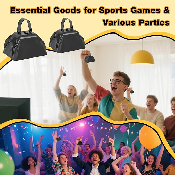 6PCS Metal Cow Bells Noisemakers, 3 Inch Loud Cow Bell Noise Makers for Sporting Events Party Favors with Handles, Great for Football Competitions, Sports Games, Celebration Parties (Black)