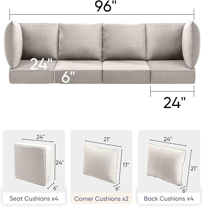 Luxury 24x24x6 Outdoor Chair Cushions Set of 4 - Water-Repellent 10-Piece Cushion Set for Outside Rattan Wicker Loveseat Chair Sectional L-Shape Sofa Patio Conversation Sets - Beige/Classic