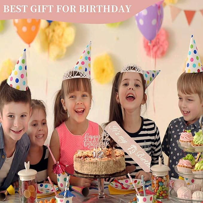 12th Birthday Decorations for Girls Including Sash, Crown/Tiara, Candles and Cake Topper, Rose Gold 12 Year Old Birthday Party Decorations for A Girl