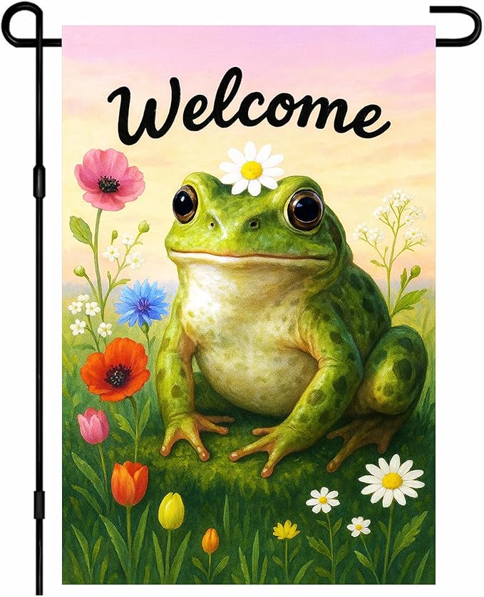 IVN Spring Garden Flag 12x18 Inch Double Sided Frog and Wildflower Meadow Scene Outdoor Yard Flag for Outside Front Door Lawn Porch Patio Welcome Decor