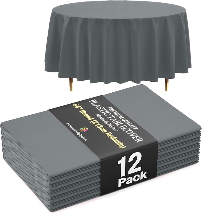 Exquisite 66% Thicker Premium Silver Round Tablecloth 0.5 Mil 12 Pack Plastic Table Cloth Disposable 84 Inch Round Plastic Tablecloth Won't Tear Easily Like Cheap Thin Brands