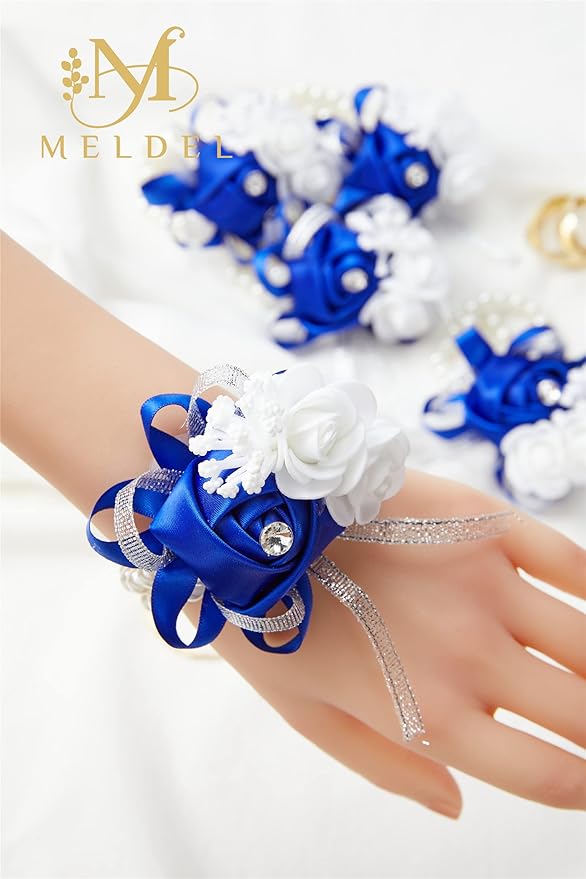Meldel Prom Flower Wrist Corsages for Wedding, Set of 6, Royal Blue Wrist Corsages for Prom Bridal Bridesmaid Girl, Rose Hand Flower for Wedding Ceremony Anniversary,Dinner Party, Homecoming
