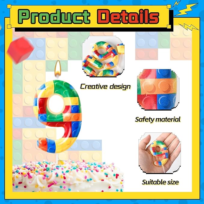 Building Block Themed Birthday Candle Number 9 Candle Birthday Party Decoration Cake Topper for Building Block Party Decoration Theme Parties Supplies (Number 9)