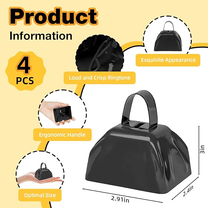 6PCS Metal Cow Bells Noisemakers, 3 Inch Loud Cow Bell Noise Makers for Sporting Events Party Favors with Handles, Great for Football Competitions, Sports Games, Celebration Parties (Black)