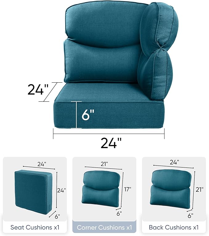 Luxury 24x24x6 Outdoor Corner Cushion 1 Set - Water-Repellent 3-Piece Cushion Set with Zipper for Outside Wicker Sofa Loveseat Chair Sectional Patio Conversation Sets - Peacock Blue/Smile