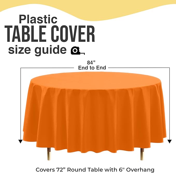 Exquisite 66% Thicker Premium Orange Round Tablecloth 0.5 Mil 24 Pack Plastic Table Cloth Disposable 84 Inch Round Plastic Tablecloth Won't Tear Easily Like Cheap Thin Brands