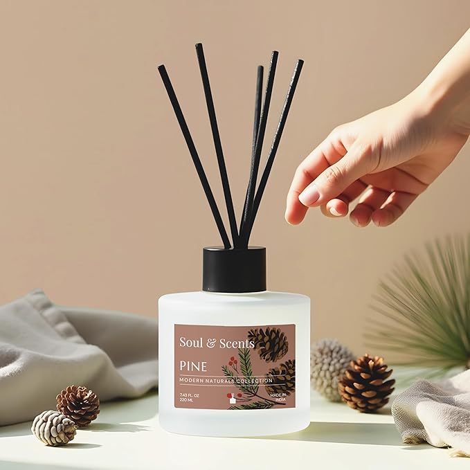Soul & Scents Reed Diffuser Set – Pine | 7.43 oz Refillable Scented Oil with 6 Fiber Sticks | Long-Lasting Home Fragrance & Air Freshener for Bedroom, Bathroom, Office | Gift & Décor Piece