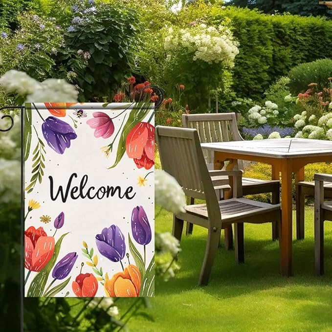 BlissYard Welcome Garden Flag 12x18 Inch Double Sided Spring Garden Flag Tulip and Bee Design Outdoor Decorative Outdoor Yard Flag Decorations for Home Spring Summer Decoration