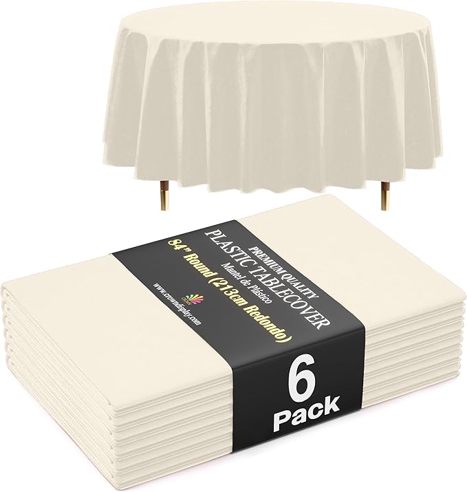 Exquisite 66% Thicker Premium Ivory Round Tablecloth 0.5 Mil 6 Pack Plastic Table Cloth Disposable 84 Inch Round Plastic Tablecloth Won't Tear Easily Like Cheap Thin Brands