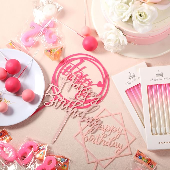 Yerliker 34 Pcs Happy Birthday Cake Toppers Decorations Birthday Candles DIY Cake Decor for Men Women Wedding Anniversary(Hot Pink)