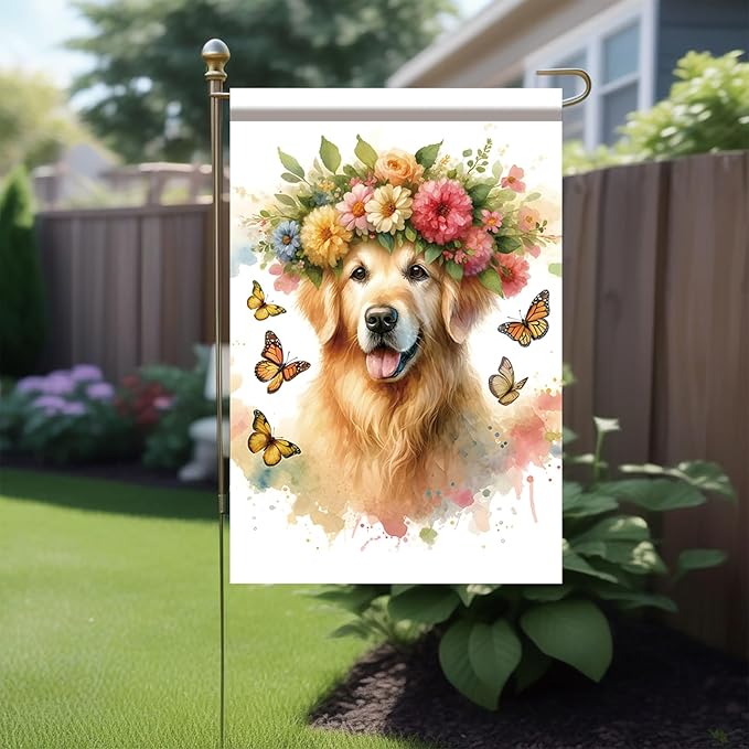 Starlit Patio Welcome Spring Summer Garden Flag 12x18 Double Sided Golden Retriever Dog Garden Flag Pet Flower Butterflies Yard Outside Decorations Floral Flower Seasonal Outdoor Small Home Decor