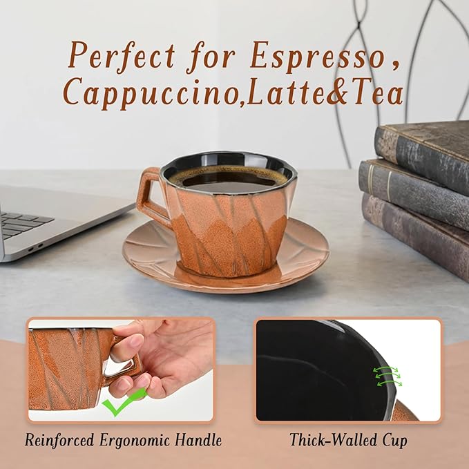 Ceramic Espresso Cups with Saucers 6 oz,Coffe Cups for Cappuccino,Latte,Tea with Saucers Set of 2 - Geometry - Brown
