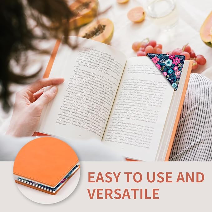 Cute Leather Bookmarks, Fun Triangle Making Corner Bookmark, Book Accessories for Reading Book Lovers, Unbreakable Page Markers for Women Men Cute Purple Flowers