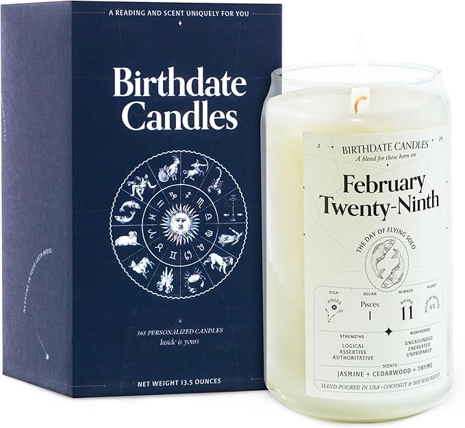 Birthdate Candles, February 29 - Pisces Zodiac Scented Candles Birthday Gift - Jasmine, Cedarwood & Thyme Scent - All-Natural Soy & Coconut Wax, 60-80 Hour Burn Time - Made in USA