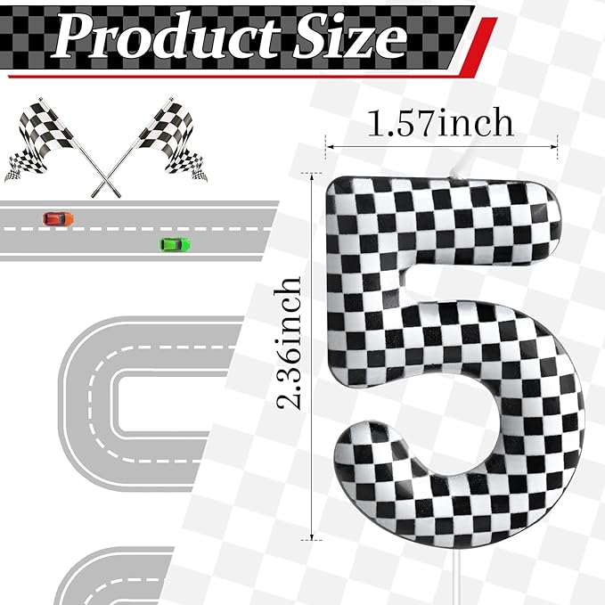 Racing Cars Themed Birthday Candle Number 5 Checkered Candle Birthday Party Decoration Cake Topper for Racing Car Party Decoration Theme Party Supplies (Number 5)