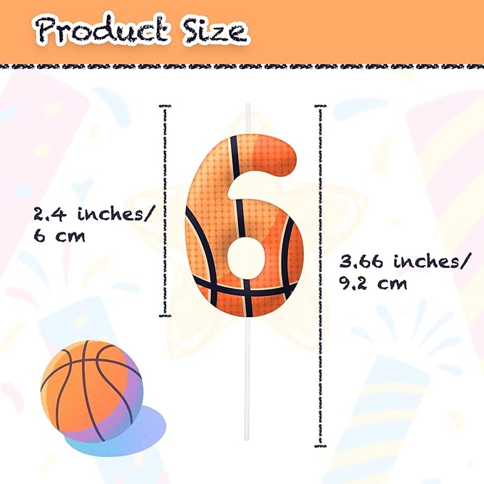 Basketball Number 6 Birthday Candles, Basketball Themed Cake Topper for Boys Girls, Cake Decorations for Birthdays, Sports Theme Party Supplies, Candles for Party Decorations