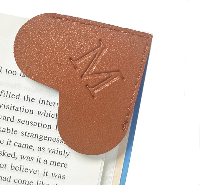 MOTEERLLU Personalized Leather Heart Bookmark with Initials, Cute Custom Corner Bookmarks for Reading Women, Men, Kids, Teachers, Book Lovers Gifts(Brown M)