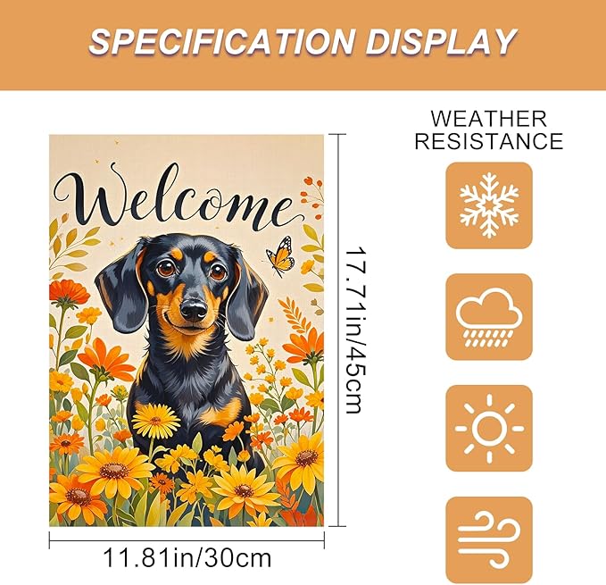 BlissYard Spring Summer Garden Flag 12x18 Inch Welcome Dachshund Dog Outdoor Flag Double Sided Autumn Yard Banner with Sunflowers and Butterflies for Porch Lawn Patio