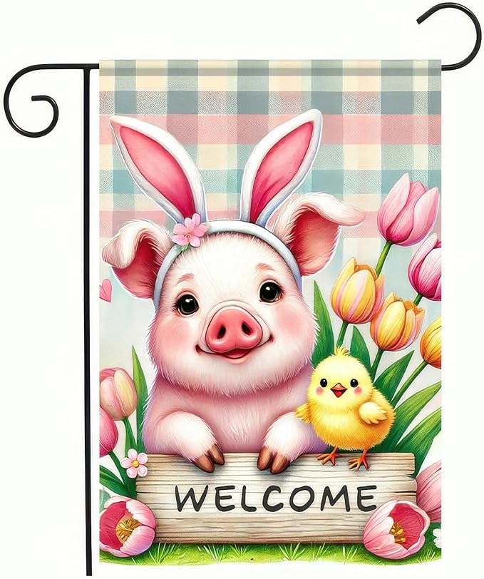 BlissYard Easter Pig Garden Flag 12x18 Inch Double Sided Yard Banner with Bunny Ears and Chick Design Spring Tulip Flower Farmhouse Outdoor Lawn Patio Decoration