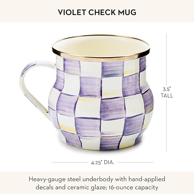 MACKENZIE-CHILDS Enamel Mug, Cute Enamelware Tea or Coffee Mug, 16 Ounces, Purple-and-White Violet Check