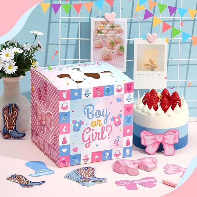 Boots or Bows Gender Reveal Voting Box with 50 Pieces Ballot Cards, Boots or Bows Gender Reveal Decorations for Gender Reveal Baby Shower