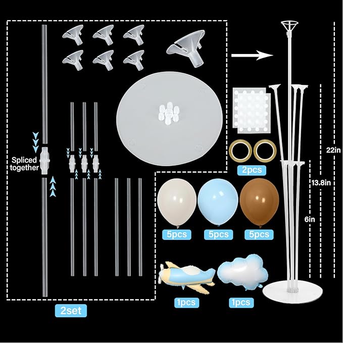 Airplane Baby Shower Birthday Party Decorations Balloons Stand Kit 2 Sets with 2 Airplane Cloud Foil Balloons Baby Boy Shower Balloon Centerpiece for Table for Kid Time Flies 1st Birthday Party Decor