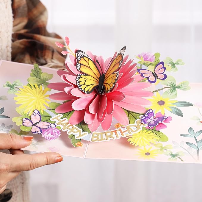 Pop Up Birthday Cards For Women&Wife, Beautiful Flowers and Monarch Butterfly, Elegant, Floral 3D Happy Birthday Greeting Cards, Ideal Gift for Mom, Sister, Her, Grandma, Aunt, Daughter, Stepmother