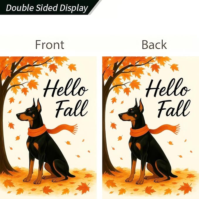 BlissYard Hello Fall Garden Flag 12x18 Inch Double Sided Doberman Dog Flags Autumn Leaves Yard Flag Seasonal Pumpkin Outdoor Small Banner for Fall Porch Lawn Decor