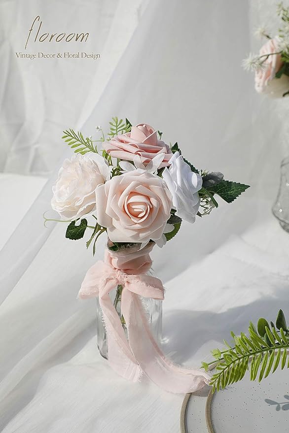 Floroom Artificial Flowers 25pcs Real Looking Dark Red Ombre Colors Foam Fake Roses with Stems for DIY Wedding Bouquets Bridal Shower Centerpieces Floral Arrangements Party Tables Home Decorations