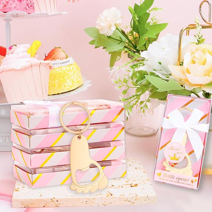 50Pcs Baby Girl Foot Keychain Footprint Bottle Openers Small Foot Bottle Opener Keychain Souvenir for Guests Baby Shower Return Gift for Party Favors with Pink Boxes Gifts or Decorations