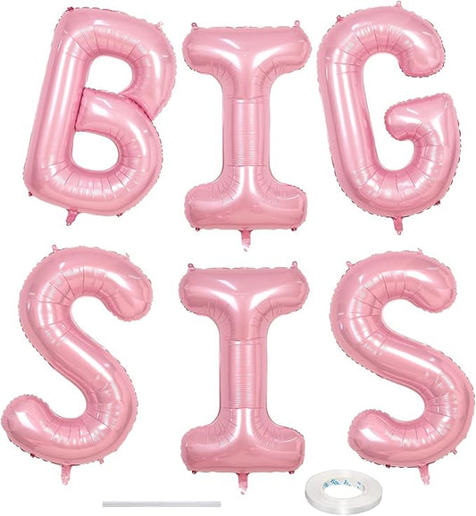 40 Inch Pastel Pink BIG SIS Letter Balloons, Pearl Pink BIG SIS Balloon Letters with Ribbon, Light Pink Baby Girls Alphabet Balloon for Her Baby Shower Birthday Gender Reveal Party Decoration Supplies