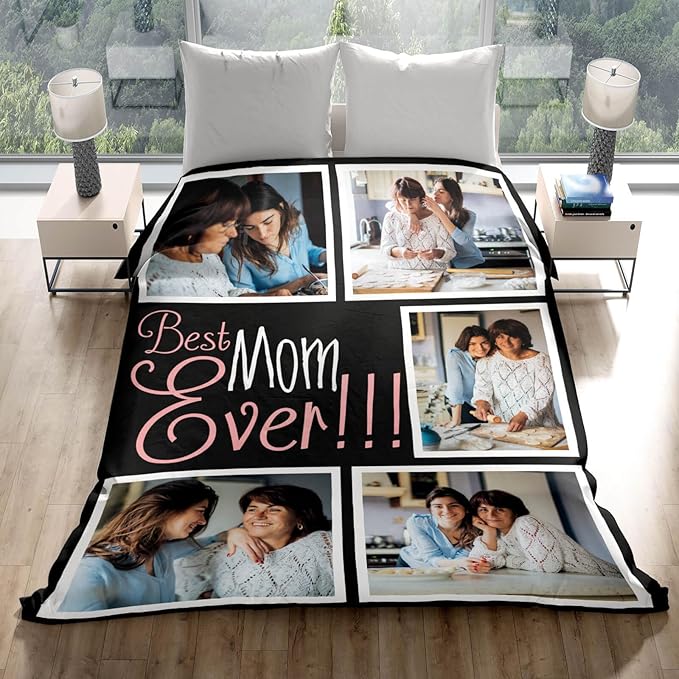 Custom Mom Blanket with 5 Photos Personalized Blanket with Pictures Customized Throw Gifts for Mom Grandma Photo Throw Blanket for Birthday Mother's Day, 15 Colors Available
