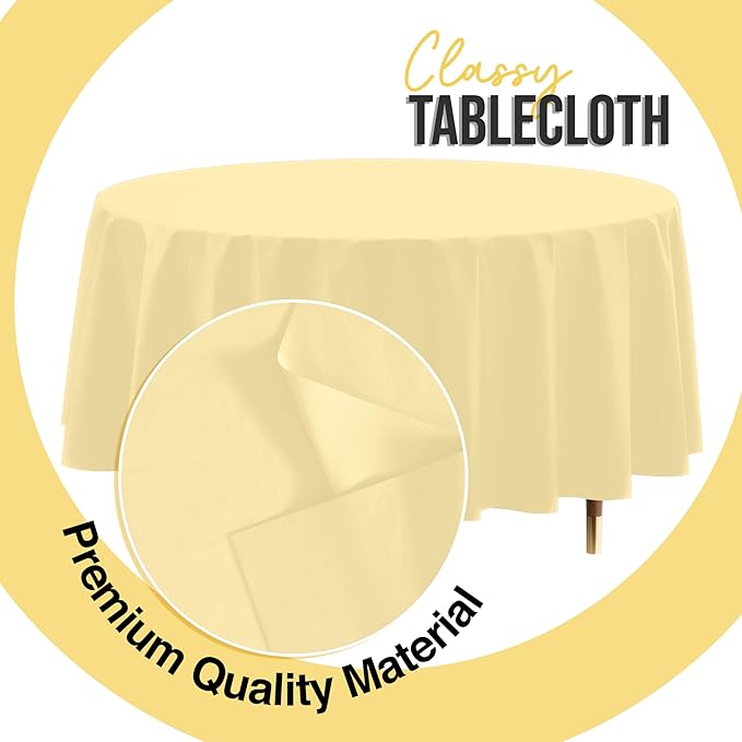 Exquisite 66% Thicker Premium Light Yellow Round Tablecloth 0.5 Mil 24 Pack Plastic Table Cloth Disposable 84 Inch Round Plastic Tablecloth Won't Tear Easily Like Cheap Thin Brands
