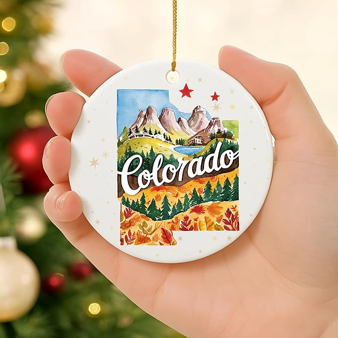USA State Landmark Ceramic Ornament – Round Glossy Christmas Decoration Featuring U.S. State Art, Landmarks & Holiday Scenery – Collectible Travel Souvenir Ornament Series (Colorado)