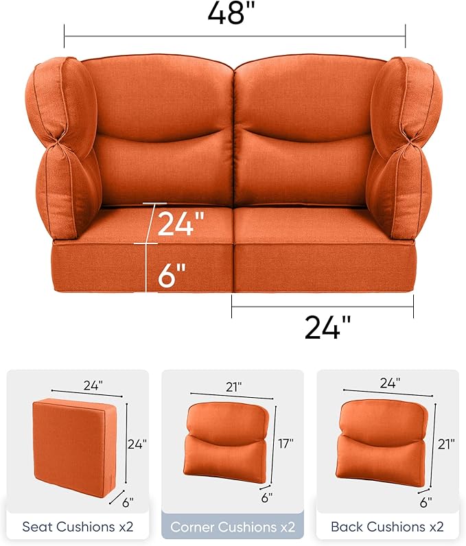 Luxury 24x24x6 Patio Cushions for Outdoor Furniture Set of 2 - Water-Repellent 6-Piece Cushion Set for Outside Rattan Couch Loveseat Chair Sectional Patio Conversation Sets - Orange/Smile