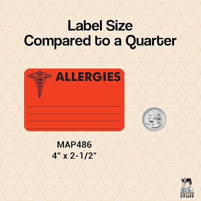 Allergies Chart Label 4” x 2-1/2” Fluorescent Red Doctor Stuff Permanent Adhesive Alert Sticker with Caduceus Icon 100 Labels/Box