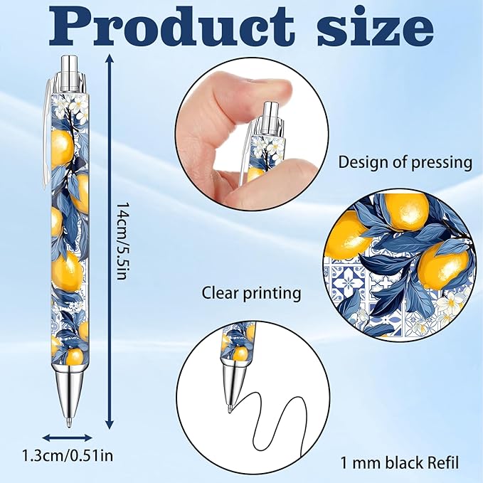 Capri Lemon Pens Set – Mediterranean-Inspired Ballpoint Pens for Girls, Students, and Stationery Lovers – Smooth Writing Pens for School, Journaling, or Gifts – Bright and Elegant Design, 8 Pack
