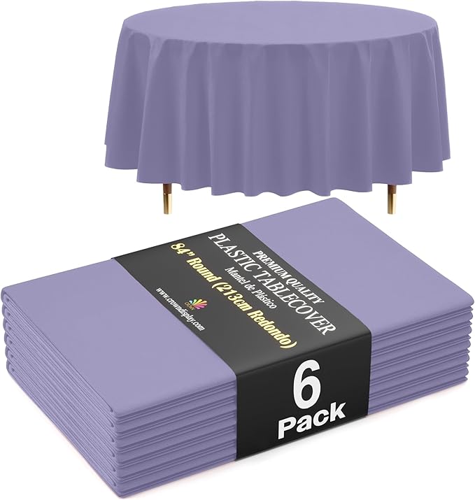 Exquisite 66% Thicker Premium Lavender Round Tablecloth 0.5 Mil 6 Pack Plastic Table Cloth Disposable 84 Inch Round Plastic Tablecloth Won't Tear Easily Like Cheap Thin Brands