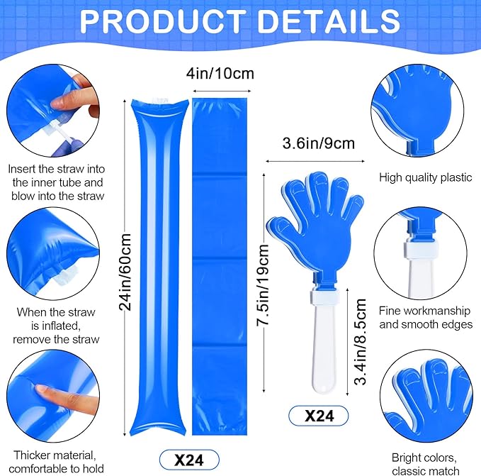 Yunsailing 96 Pcs Homecoming Noisemakers Team Spirit Accessories for Game Day Include Hand Clappers Cheerleading Pom Pom Thunder Stick Cheer Party Blower Plastic Whistle for Sport Fans(Blue)
