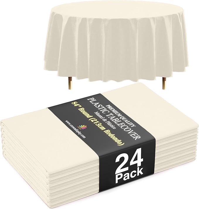 Exquisite 66% Thicker Premium Ivory Round Tablecloth 0.5 Mil 24 Pack Plastic Table Cloth Disposable 84 Inch Round Plastic Tablecloth Won't Tear Easily Like Cheap Thin Brands