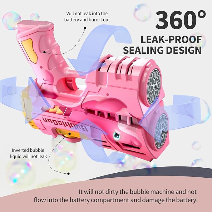 Jasny Rechargeable Pink Dolphin Bubble Guns for Kids, LED Light Up Bubble Machine Blower with 2 Bottles Bubble Refill Solution for Kids, Bubble Makers Blaster for Toddlers, Summer Wedding Toys Gift
